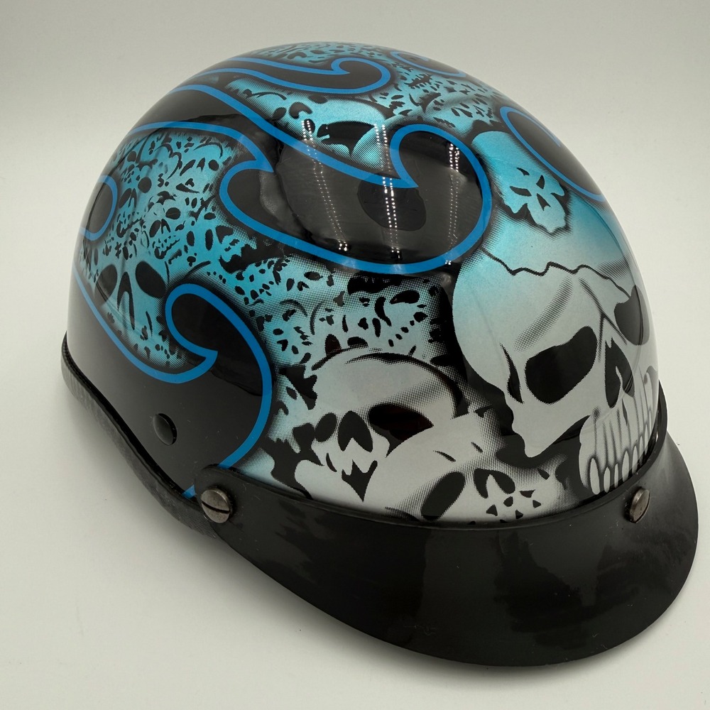 HCI Blue Skull Tribal Flame Motorcycle Half Helmet DOT Approved Size Large EUC